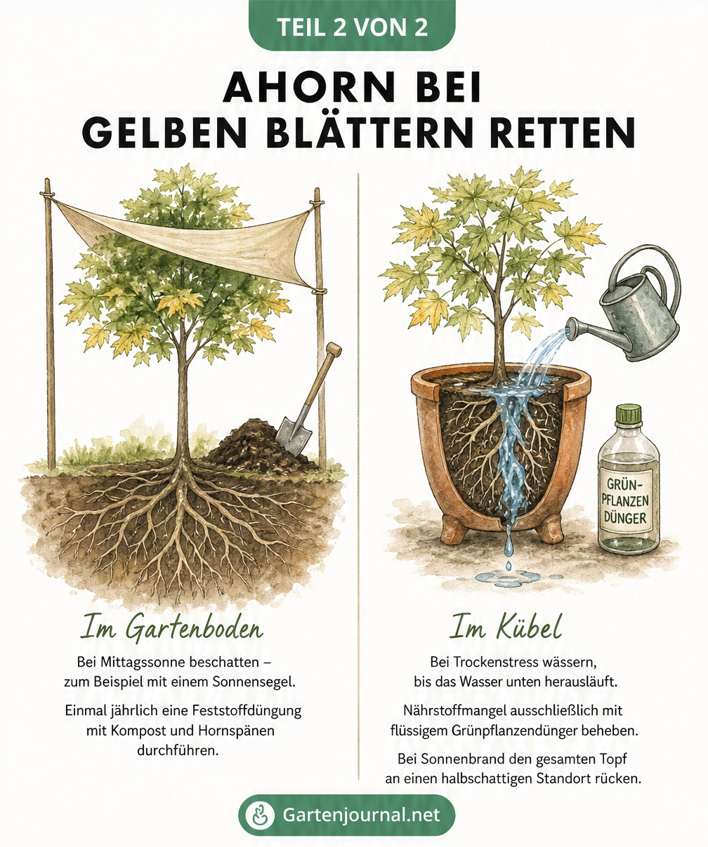 Schnittgrafik zur Rettung eines Ahorns bei gelben Blättern, aufgeteilt in Maßnahmen für Gartenboden und Kübelhaltung