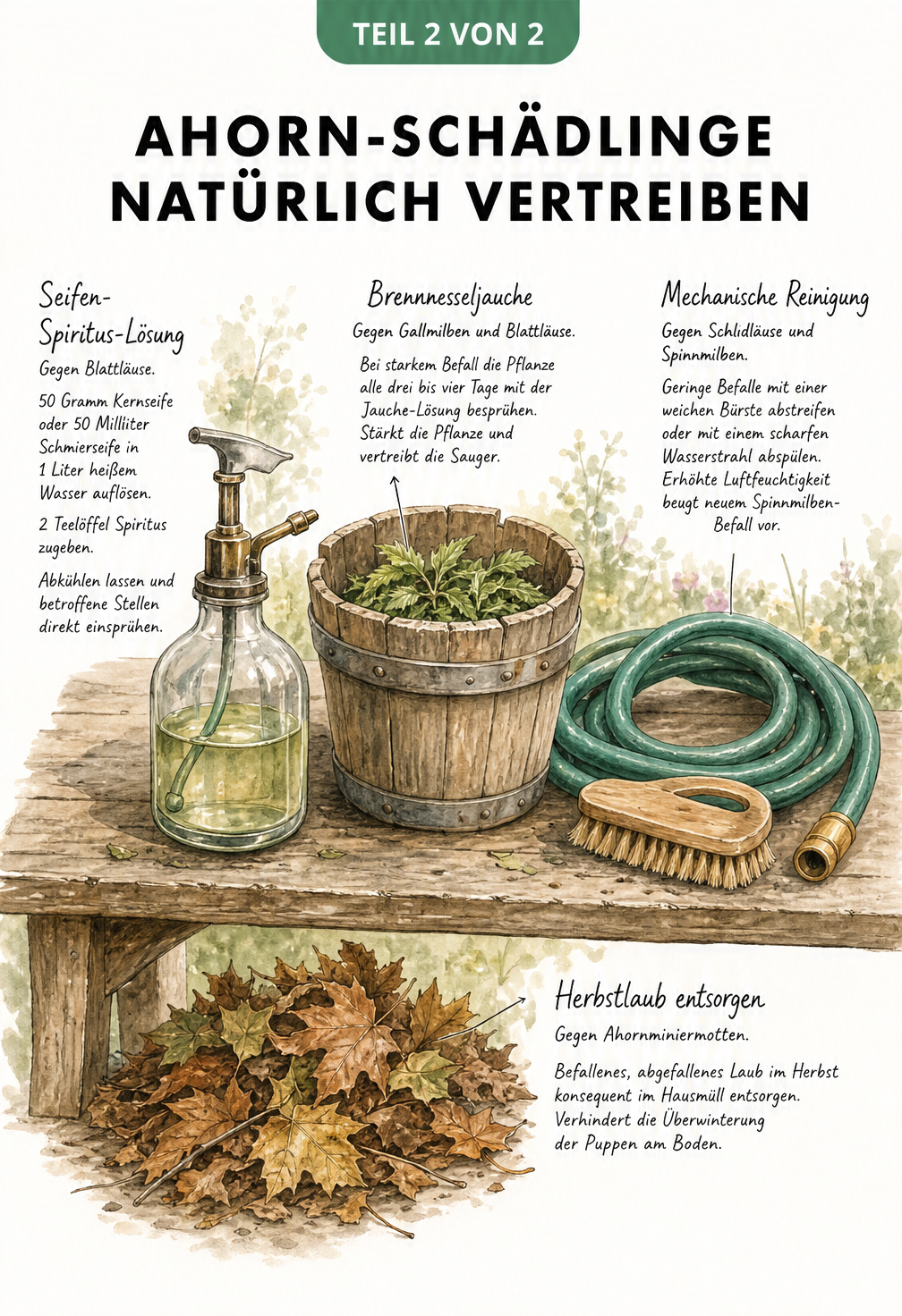 Illustration eines Pflanztisches mit Hausmitteln wie Seifen-Spiritus-Lösung, Brennnesseljauche und einer Bürste zur Schädlingsbekämpfung