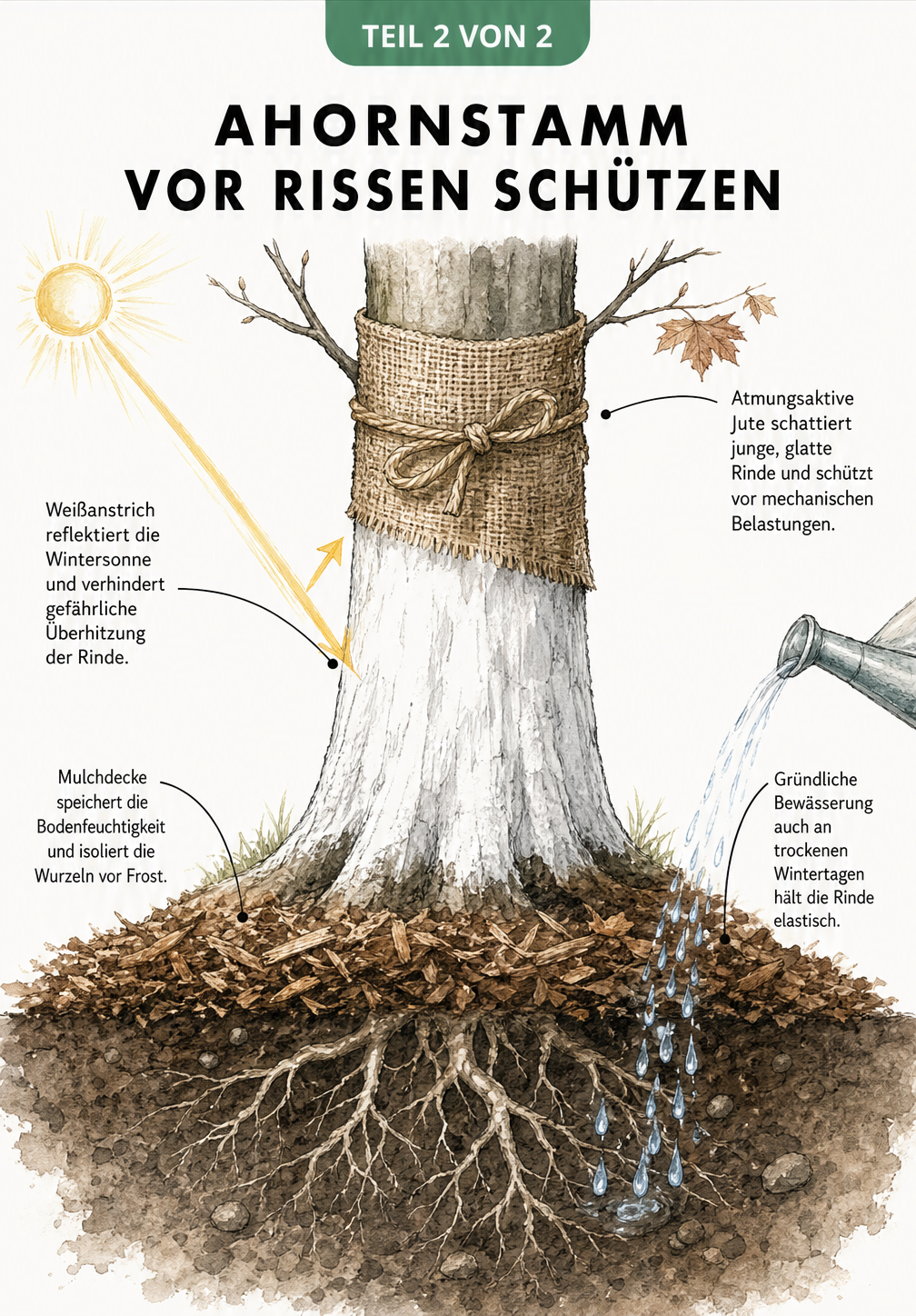 Illustration eines Ahornbaums mit Schutzmaßnahmen wie Mulchdecke, Weißanstrich und Jute-Stoff