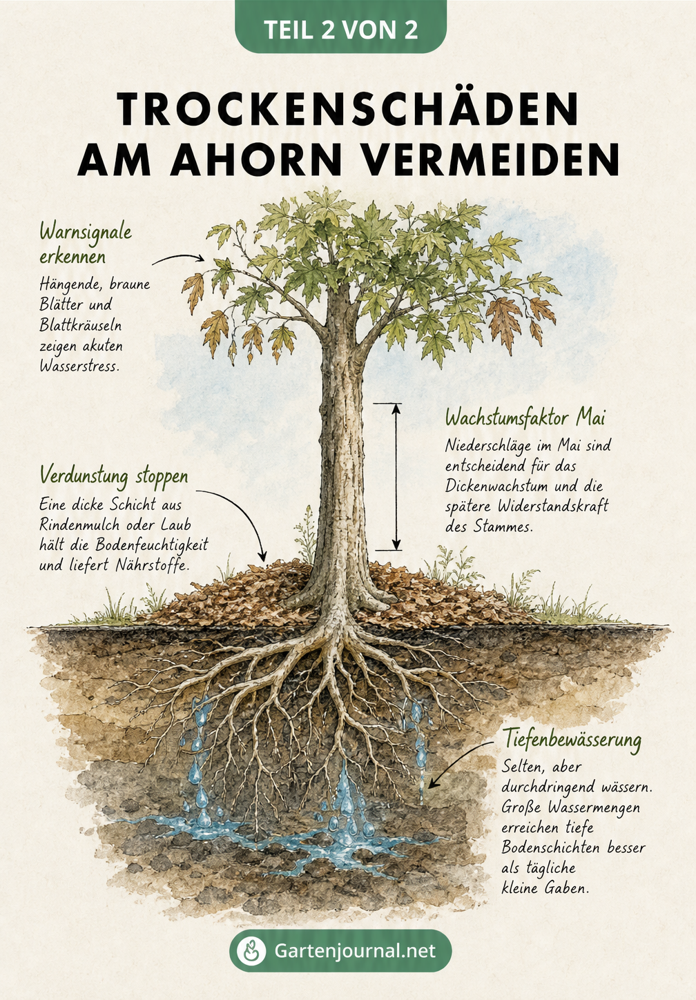 Querschnitt-Illustration eines Ahornbaums von der Krone bis zu den Wurzeln mit Hinweisen zur Vermeidung von Trockenschäden durch Bewässerung und Mulchen.