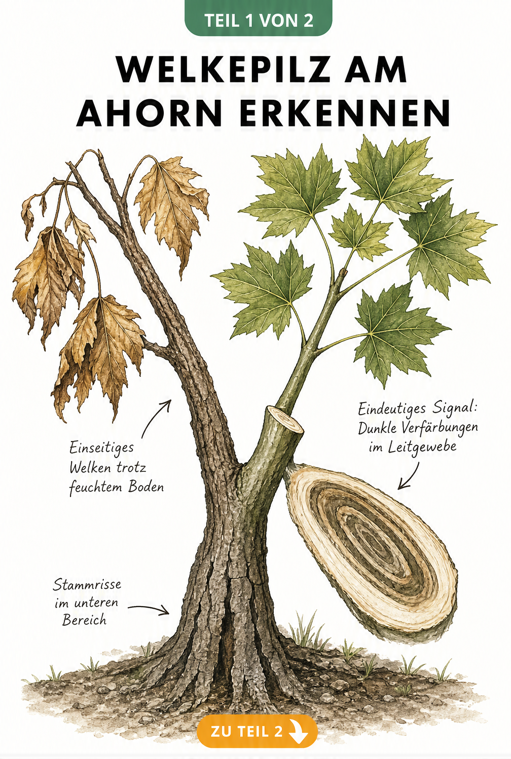 Illustration eines Ahornastes mit welken Blättern und dunklen Verfärbungen im Leitgewebe als Symptome für Welkepilz