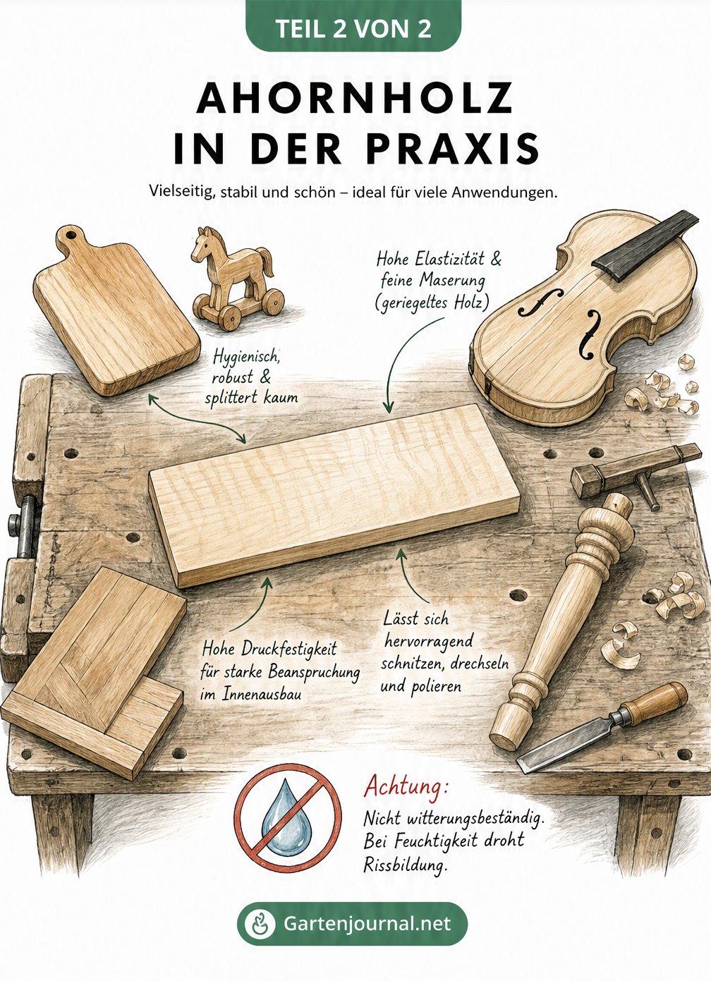 Illustration einer Hobelbank mit verschiedenen Werkstücken aus Ahornholz