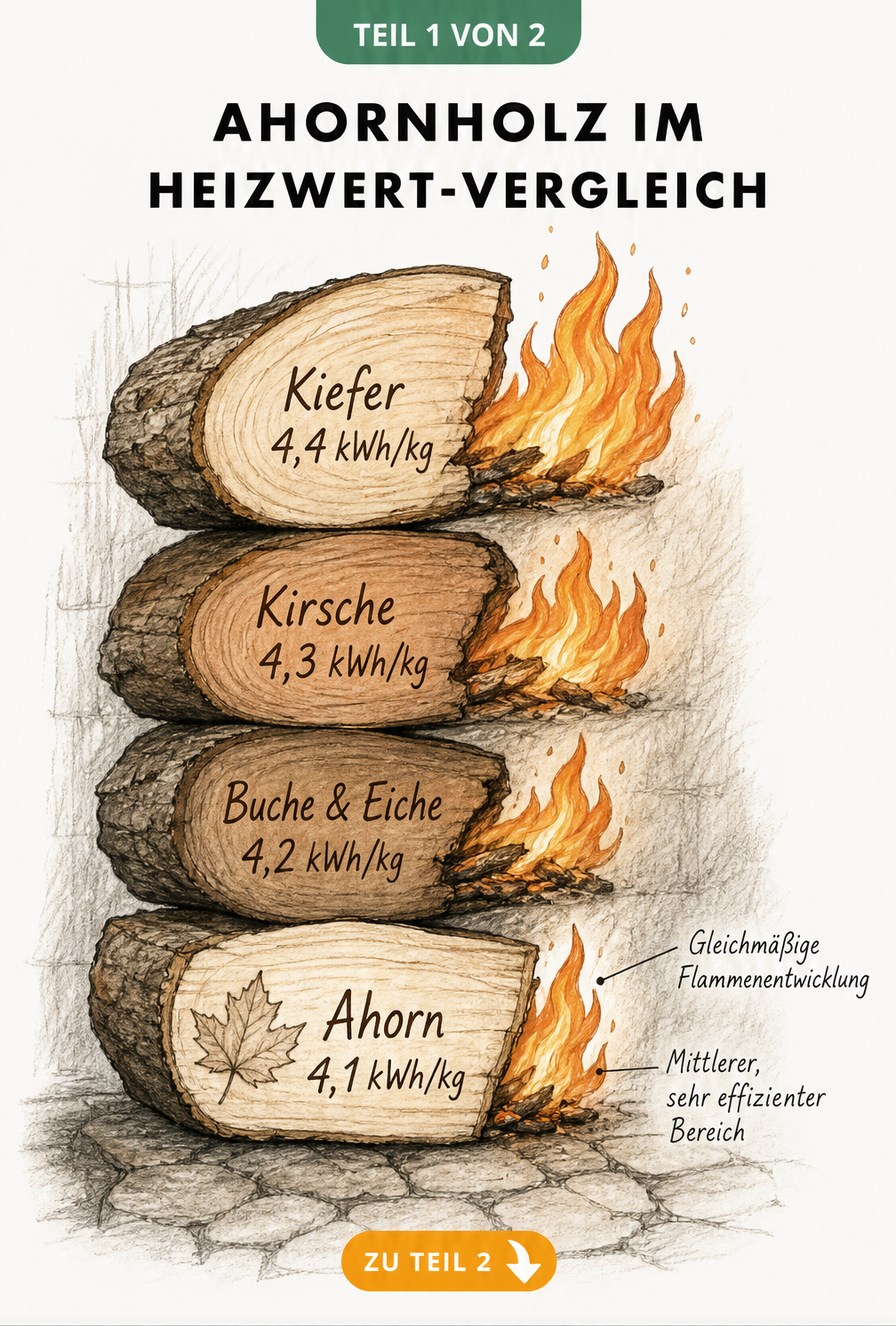 Illustration von Holzscheiten verschiedener Baumarten im Heizwert-Vergleich, mit Ahorn im Zentrum