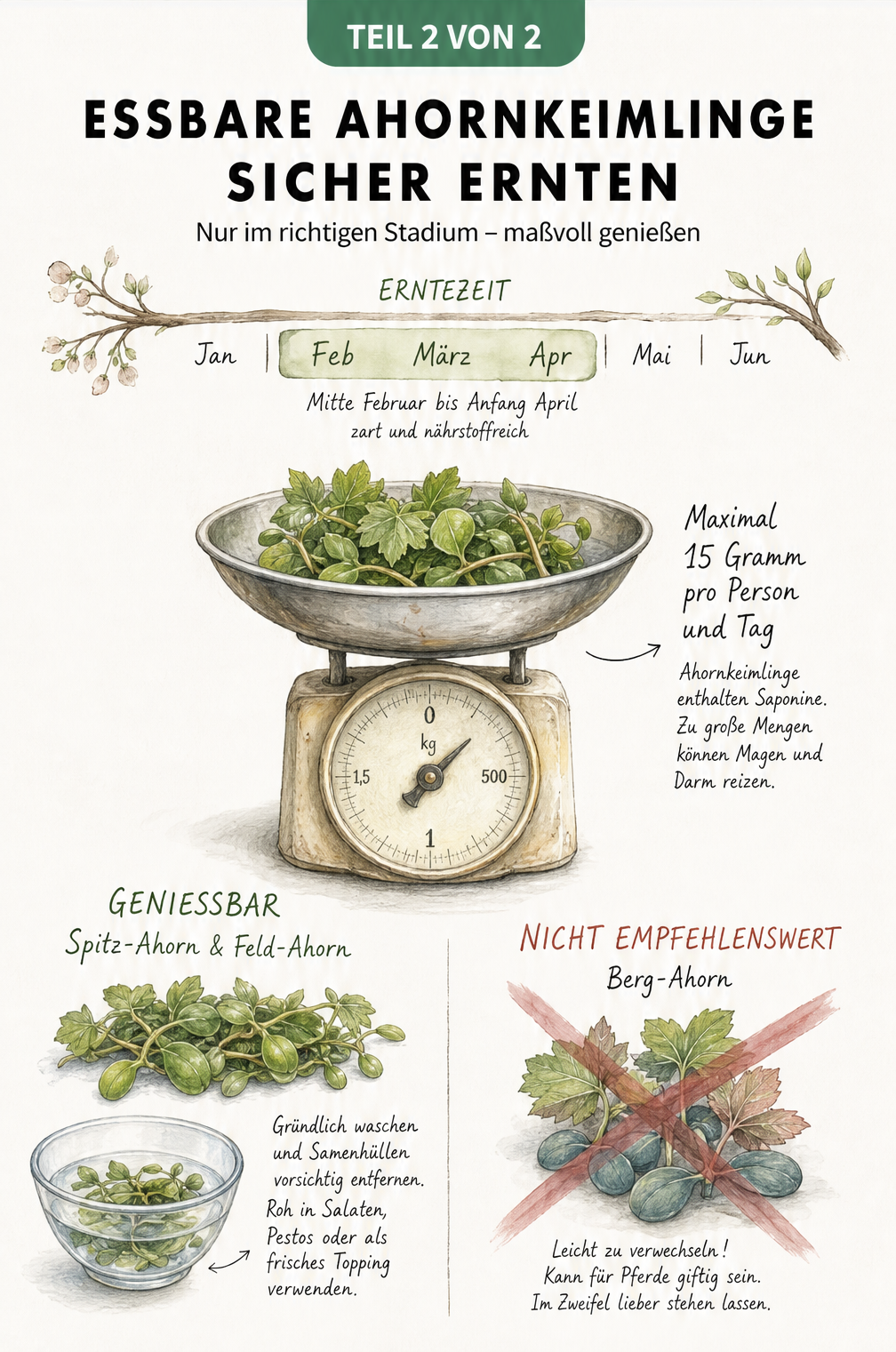 Illustration einer antiken Küchenwaage mit Ahornkeimlingen, einem Zeitstrahl für die Erntezeit und Hinweisen zur Essbarkeit.