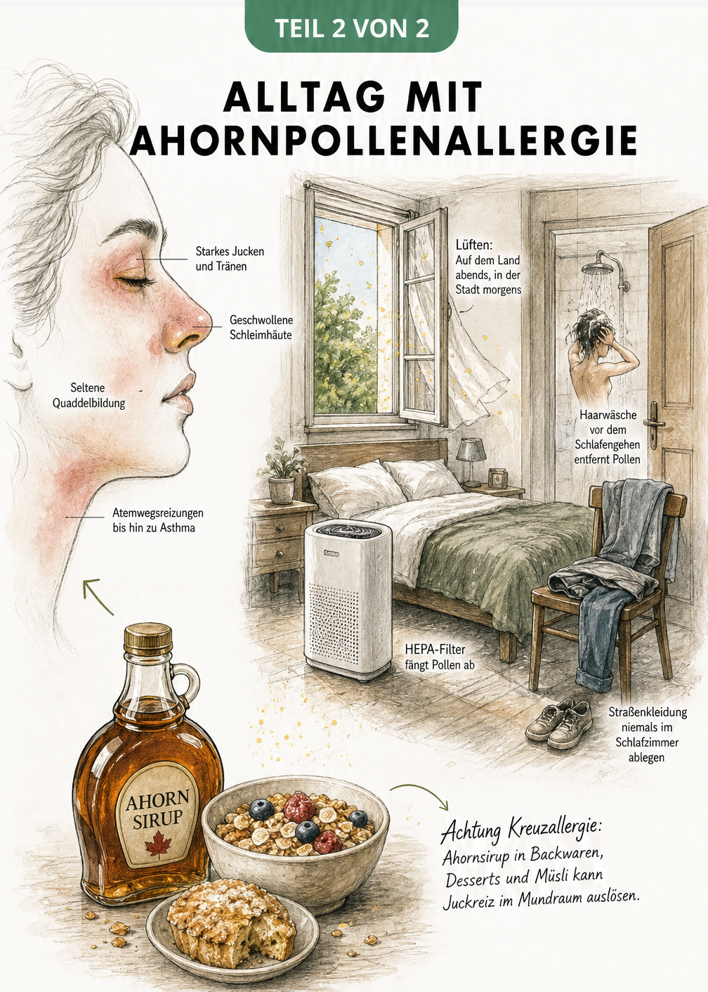 Illustration eines Gesichtsprofils mit Allergiesymptomen und eines Schlafzimmers mit Tipps zur Pollenreduktion sowie Ahornsirup als Kreuzallergie-Auslöser