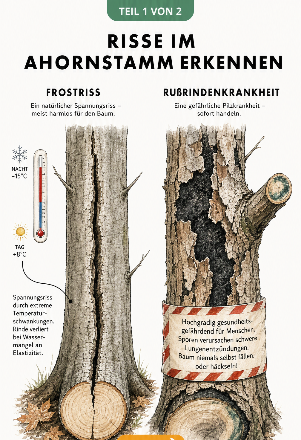 Illustration eines Ahornstamms mit Frostriss und eines Stamms mit Rußrindenkrankheit im Vergleich