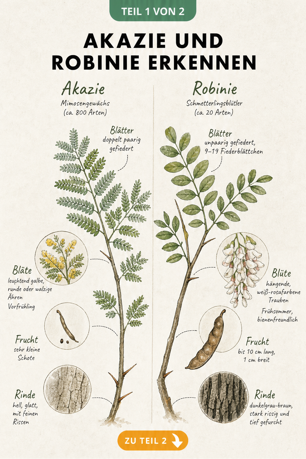 Botanische Lehrtafel mit Zweigen, Blättern, Blüten und Früchten von Akazie und Robinie im Vergleich