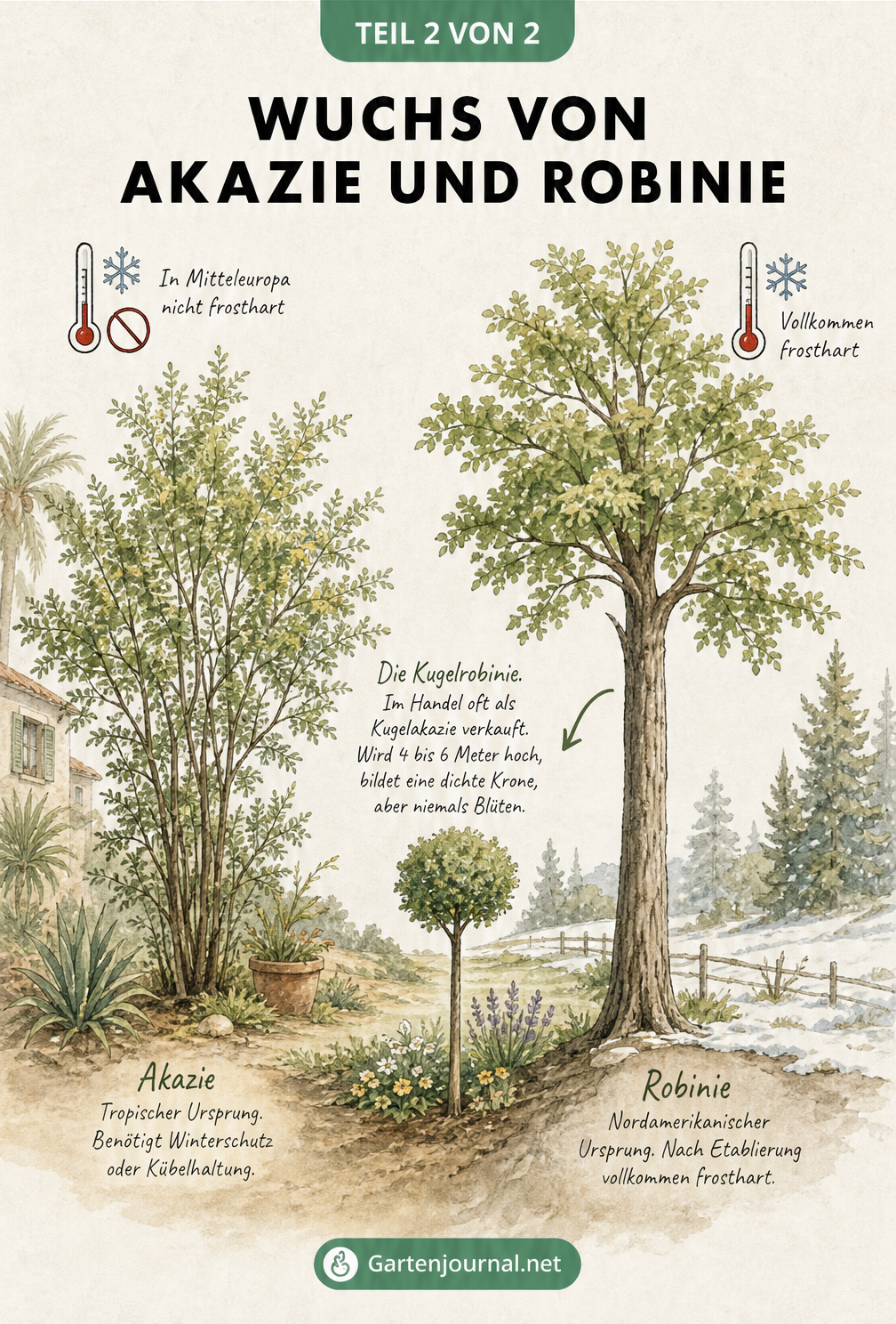 Illustration von Akazie als Busch und Robinie als Baum mit Hinweisen zu Frosthärte und Wuchsform