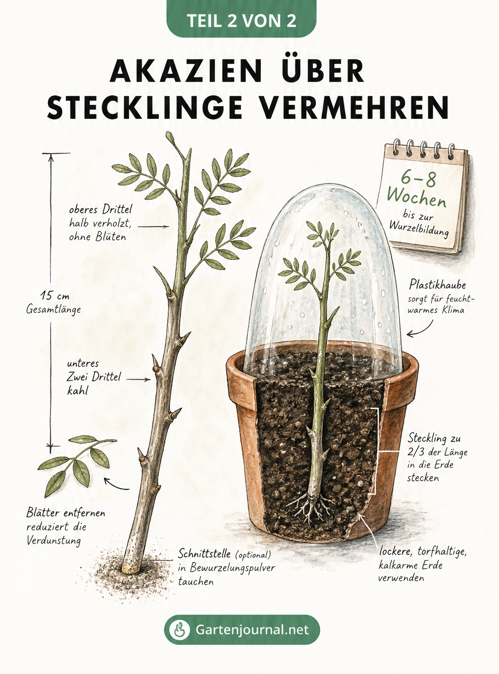 Zeichnung eines Akazien-Stecklings im Tontopf unter einer Plastikhaube zur Bewurzelung