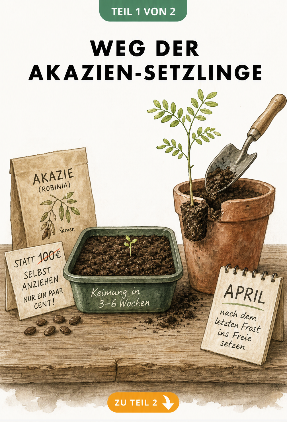 Illustration eines Pflanztisches mit Samentütchen, Anzuchtschale mit Keimling und umgetopftem Akazien-Setzling im Terrakotta-Kübel