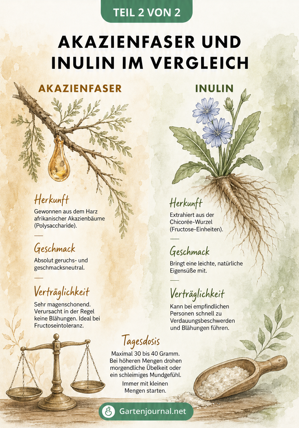 Vergleich von Akazienfaser und Inulin als botanische Illustration mit Herkunft, Geschmack und Verträglichkeit.
