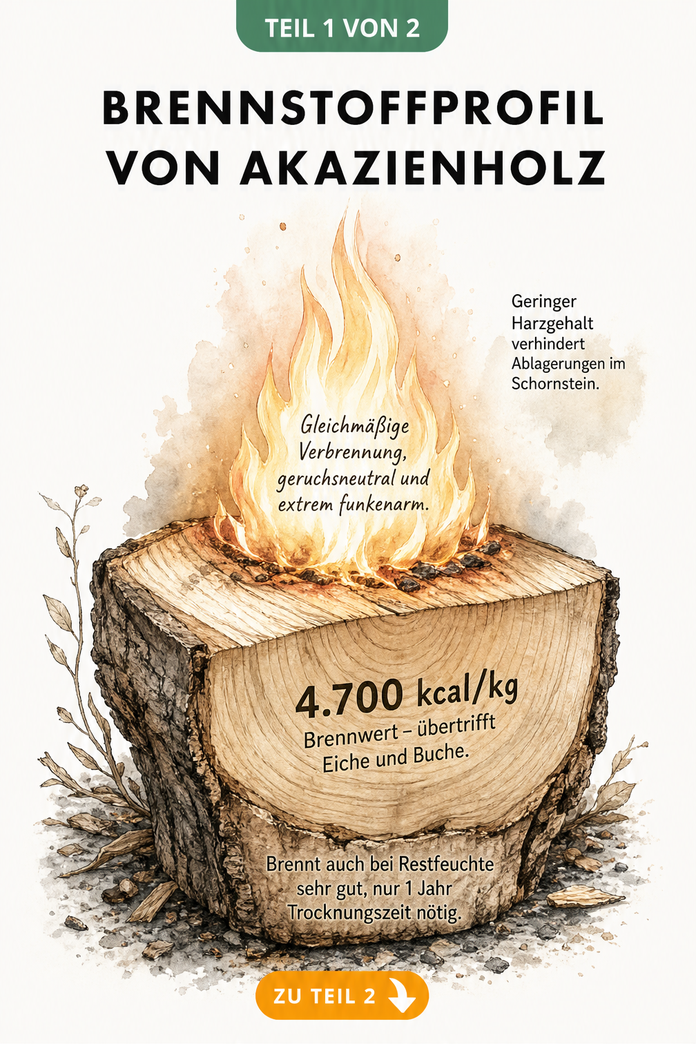 Illustration eines brennenden Akazien-Holzscheits mit Informationen zu Brennwert, Trocknungszeit und Verbrennungseigenschaften