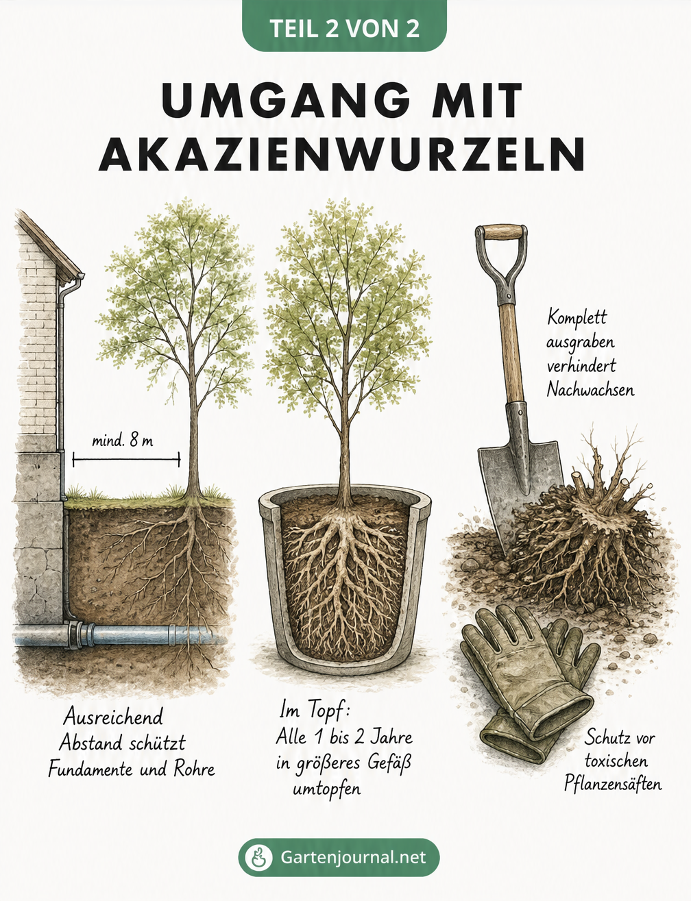 Illustration zum Umgang mit Akazienwurzeln: Abstand zu Fundamenten, Umtopfen im Kübel und Ausgraben mit Spaten