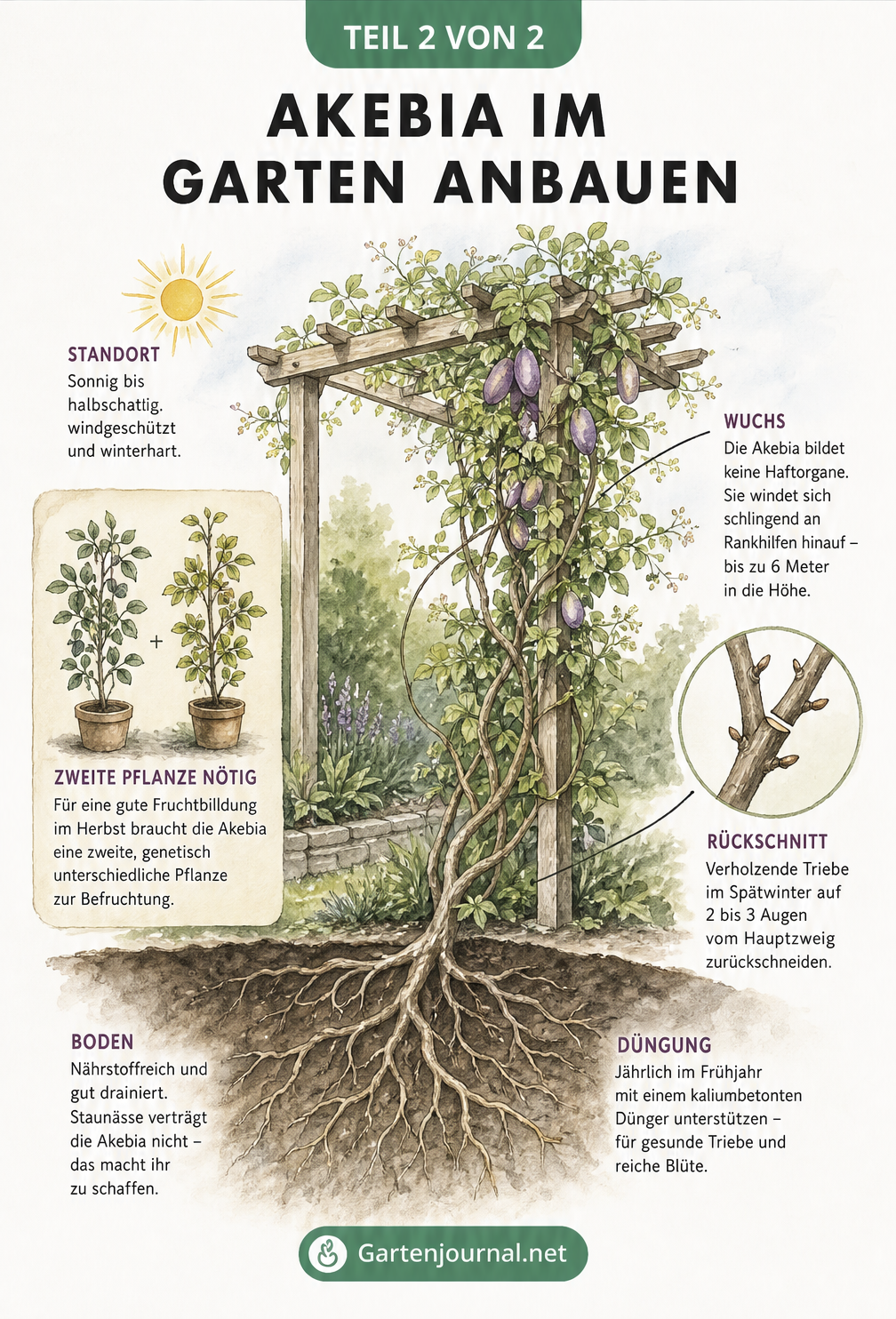 Illustration eines Gartenbeets mit einer Akebia-Pflanze an einer Holzpergola, inklusive Tipps zu Boden, Schnitt und Standort