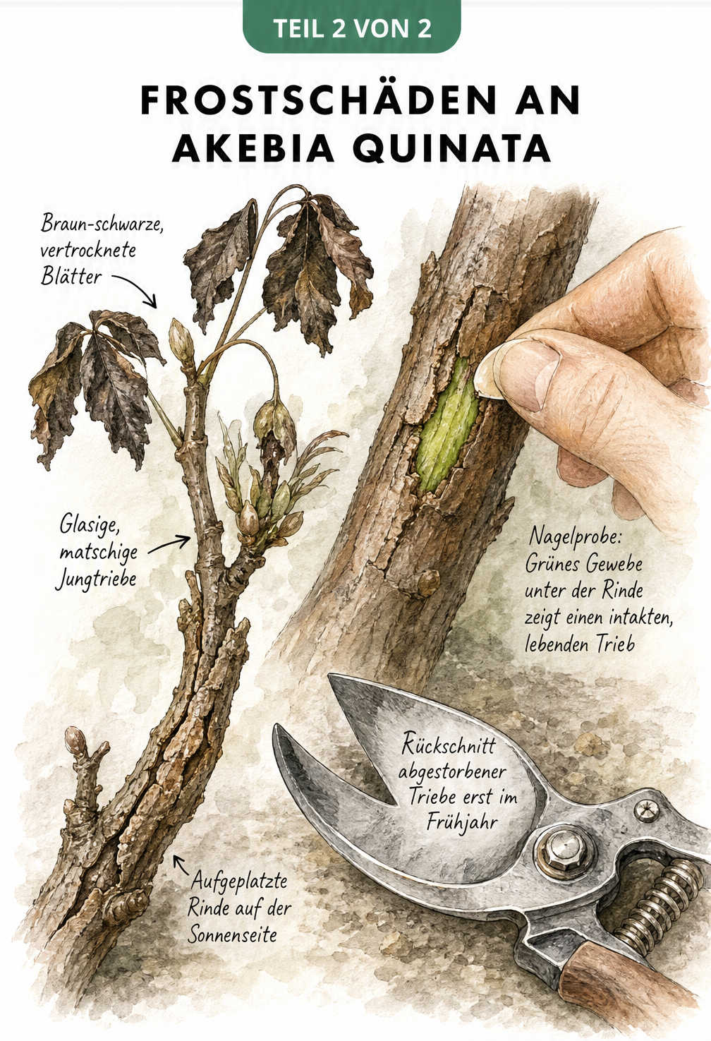 Illustration von Frostschäden an Akebia quinata mit braunen Blättern und Nagelprobe am Ast