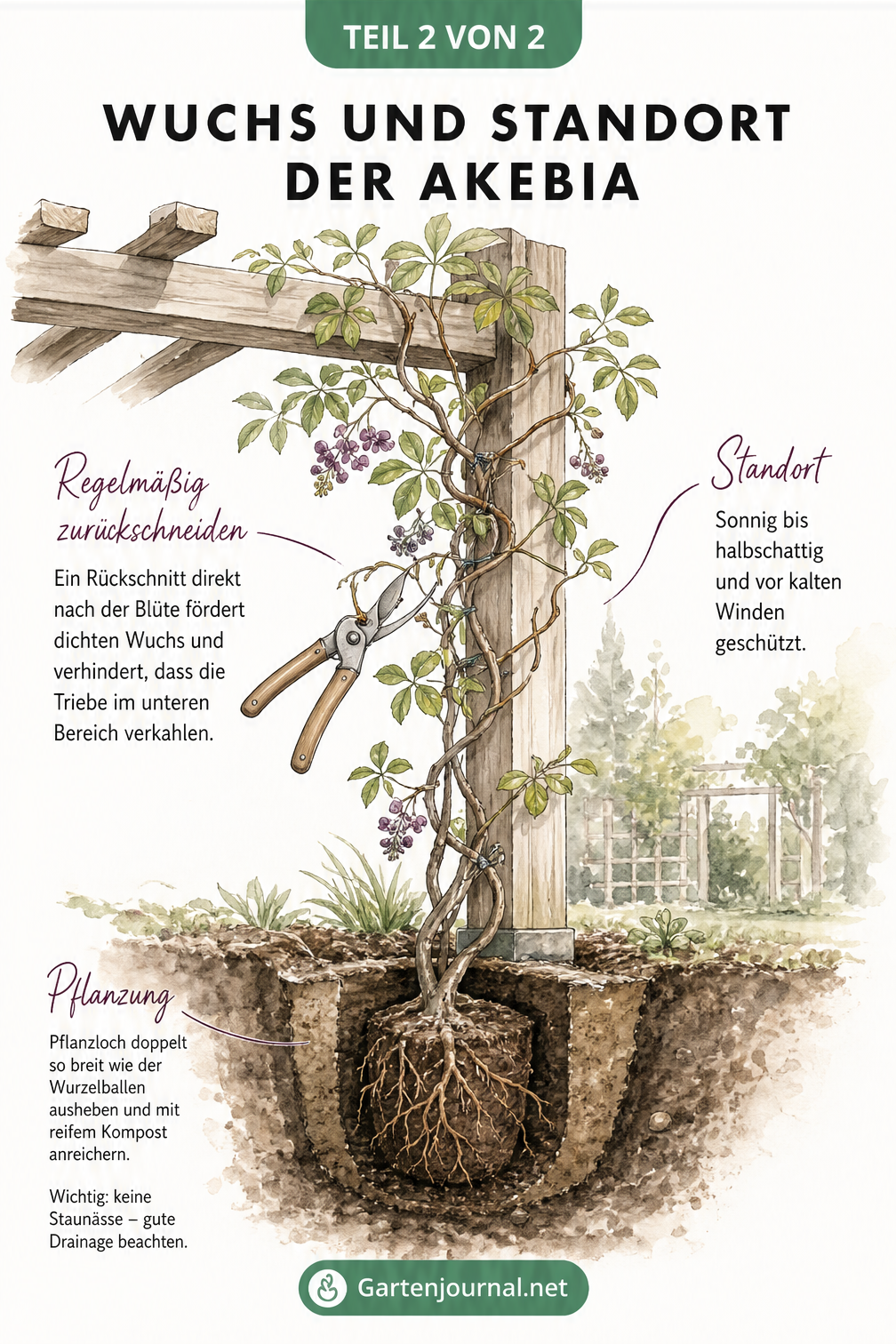 Skizze einer Akebia an einer Holzpergola mit Darstellung des Wurzelbereichs, Pflanzlochs und Hinweisen zu Standort und Rückschnitt