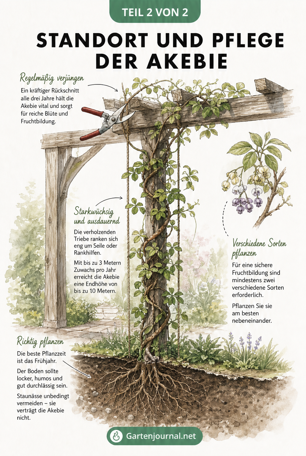 Zeichnung einer Akebie an einer Holzpergola mit Hinweisen zu Wurzelbereich, Wuchshöhe, Rückschnitt und Sorten