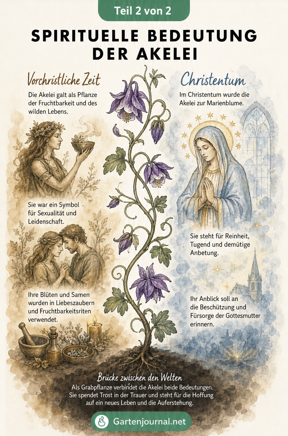 Zweigeteilte Illustration der Akelei, die den Wandel von der vorchristlichen Fruchtbarkeitssymbolik zur christlichen Marienblume zeigt