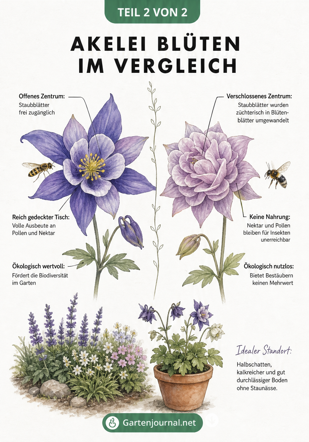 Vergleich einer einfachen, offenen Akeleiblüte mit einer gefüllten, geschlossenen Blüte
