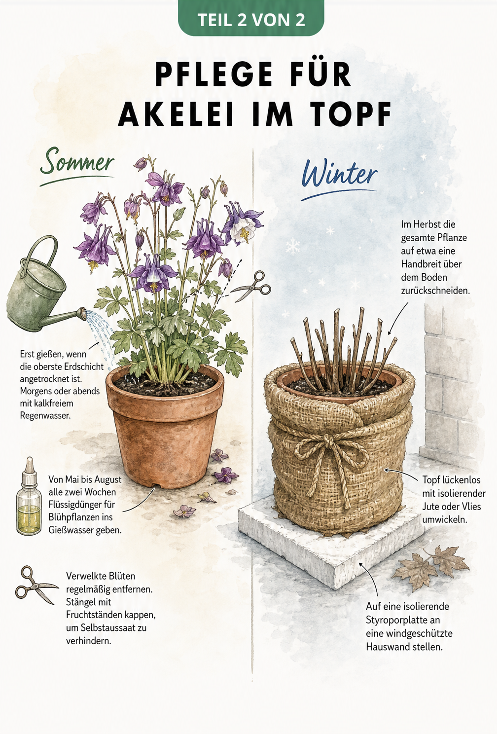 Illustration zur Pflege der Akelei im Topf, unterteilt in Sommerpflege mit Gießen, Düngen und Schneiden sowie Winterpflege mit Frostschutz.