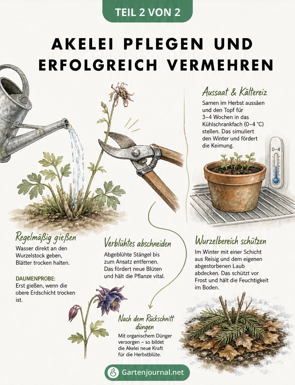 Illustration zur Pflege und Vermehrung der Akelei: Gießen des Wurzelstocks, Rückschnitt verblühter Stängel, Kältereiz für Samen im Kühlschrank und Winterschutz...