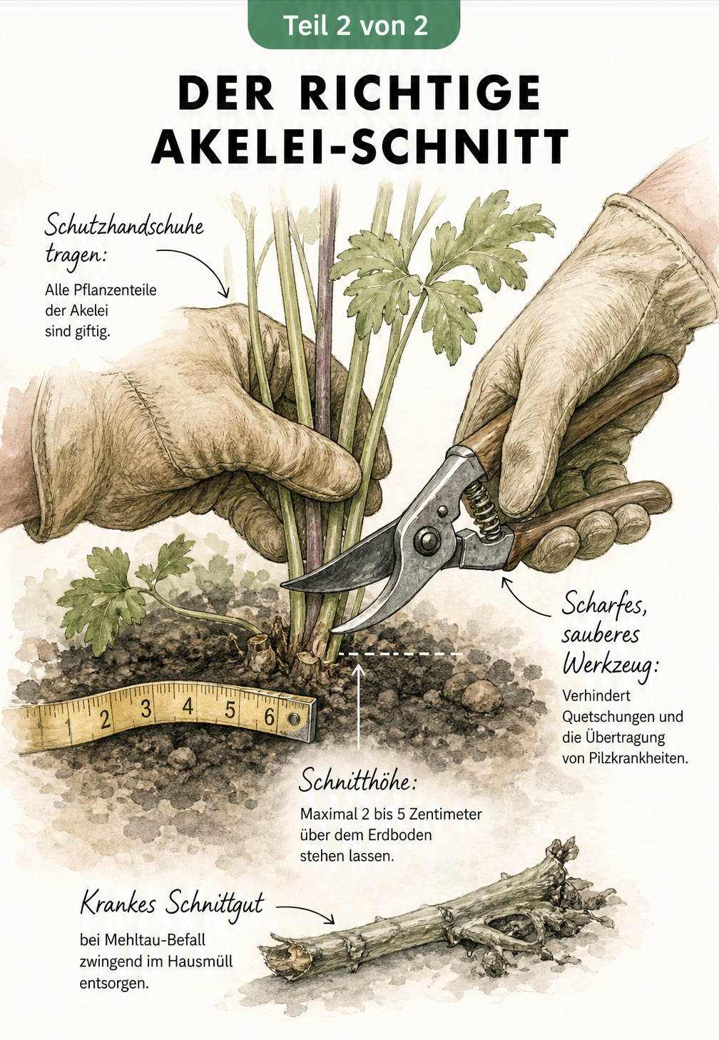 Nahaufnahme einer Akelei beim Schnitt mit einer Gartenschere, inklusive Hinweisen zu Schutzhandschuhen und Schnitthöhe.