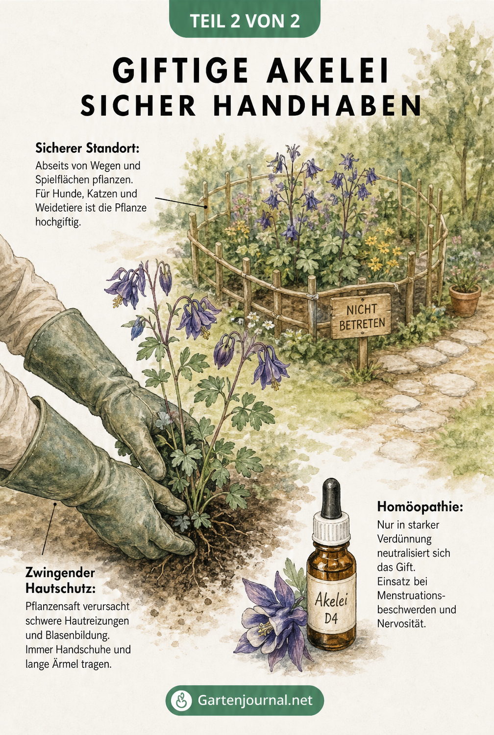 Illustration zur sicheren Handhabung der Akelei im Garten mit Handschuhen und sicherem Standort.