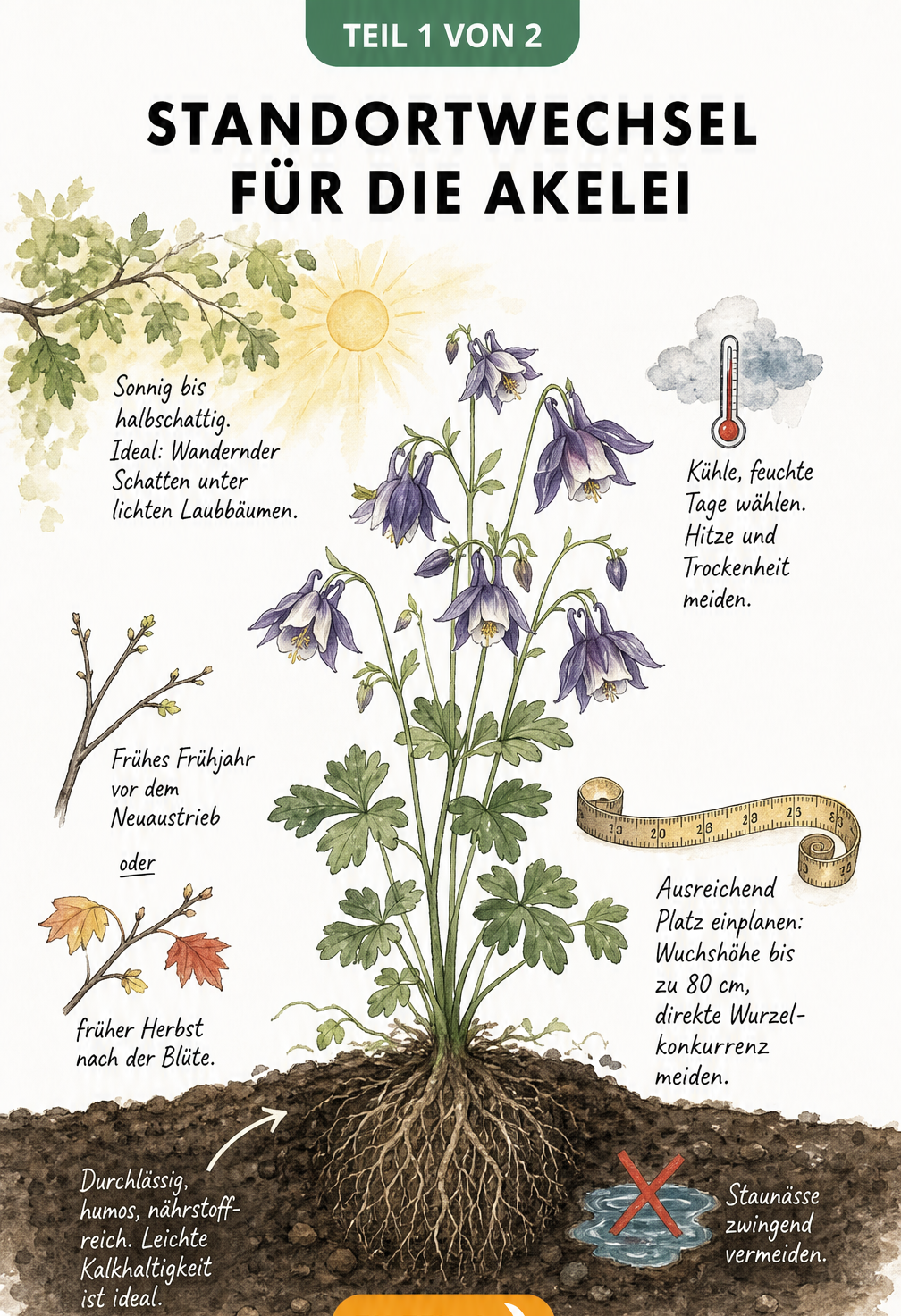 Botanische Illustration einer Akelei mit Wurzelballen und Hinweisen zum idealen Standort, Boden und Lichtverhältnissen.