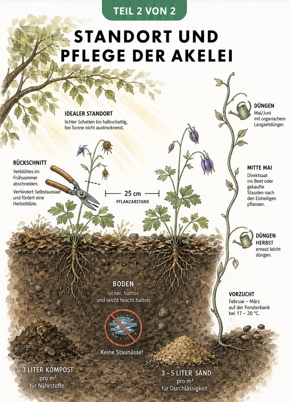 Illustration zum idealen Standort und zur Pflege der Akelei im Gartenbeet