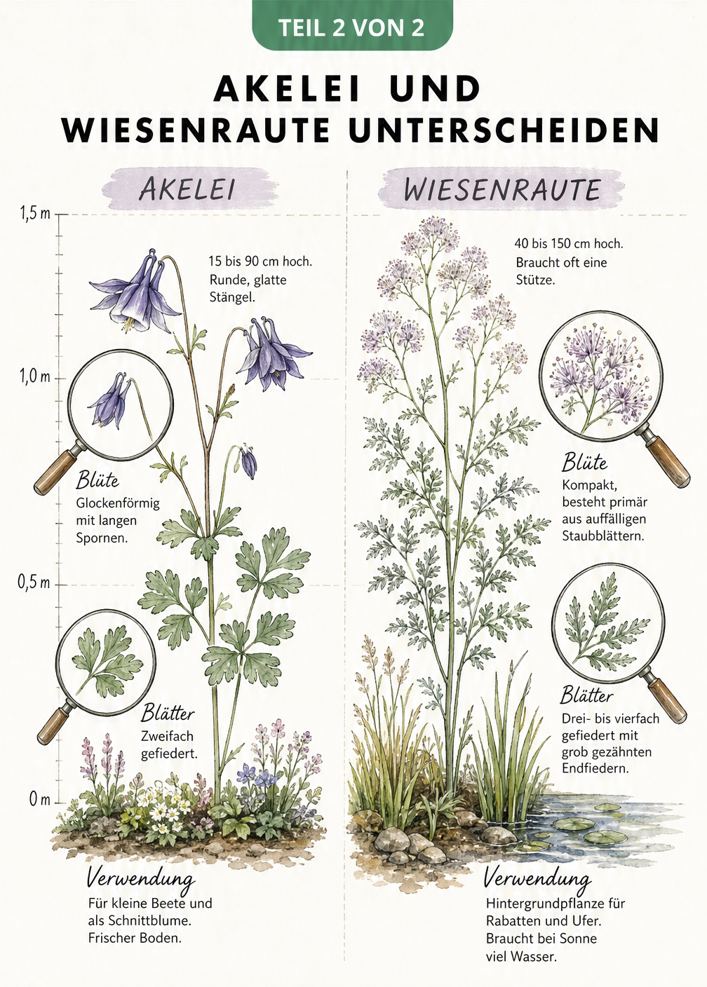 Vergleichszeichnung von Akelei und Wiesenraute mit Größenunterschieden und Blattdetails