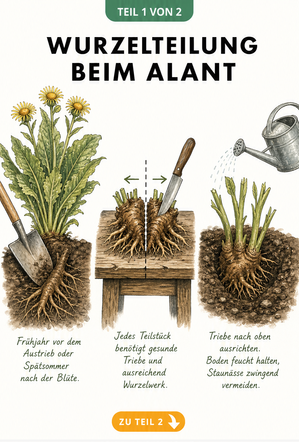 Illustration der Wurzelteilung beim Alant: Spatenstich, Zerschneiden des Wurzelstocks und Einpflanzen des Teilstücks