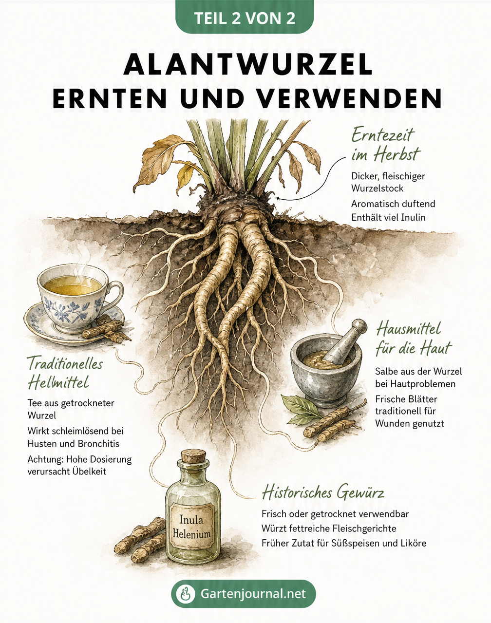 Illustration der Alantwurzel im Erdreich mit Vignetten zu Tee, Salbe und Gewürz
