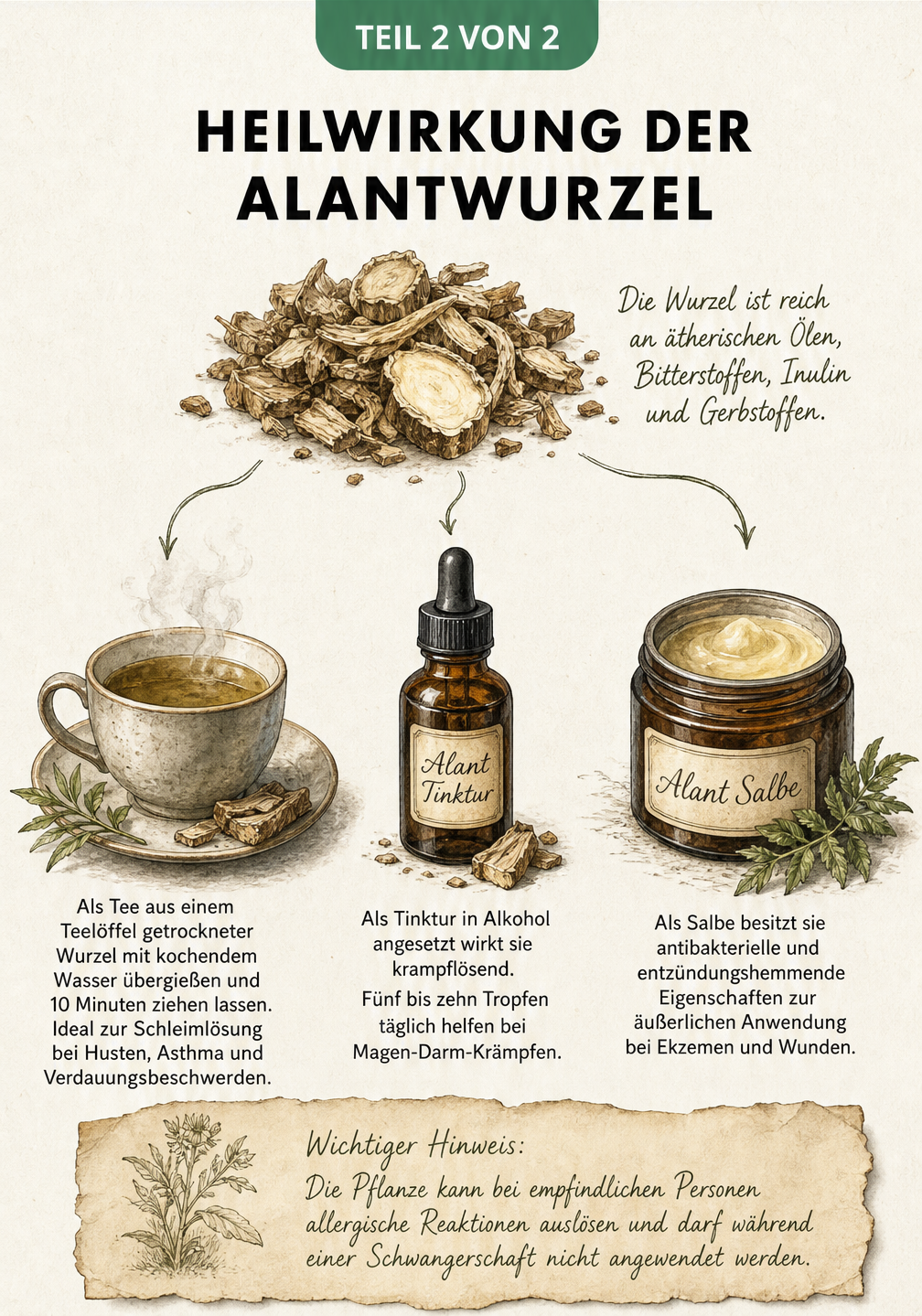 Illustration der Alantwurzel und ihrer Darreichungsformen wie Tee, Tinktur und Salbe