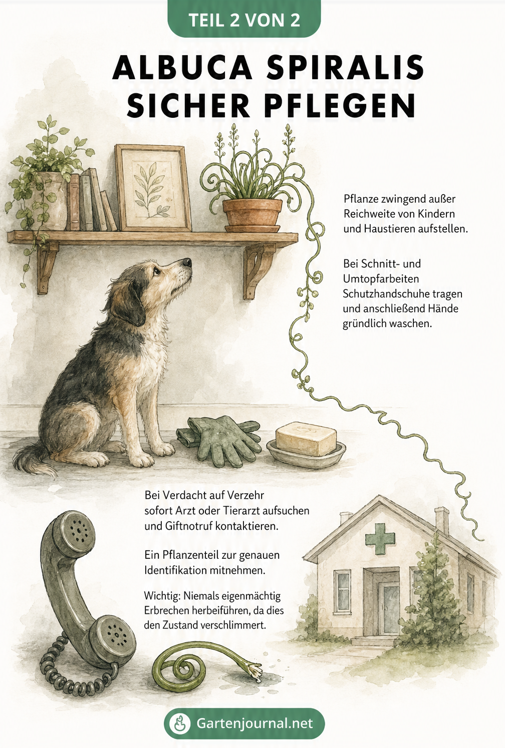 Aquarell-Illustration einer Wohnraumszene mit Albuca Spiralis auf einem hohen Regal außer Reichweite eines Hundes, sowie Notfallmaßnahmen bei Verzehr.