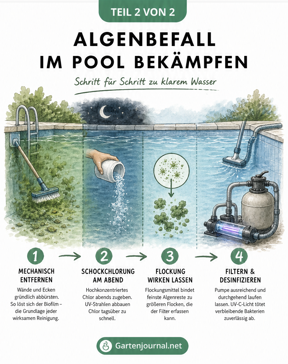 Illustration eines Pools, die den Reinigungsprozess von trübem, grünem Wasser zu kristallklarem Wasser durch Schrubben, Schockchlorung und Flockungsmittel...