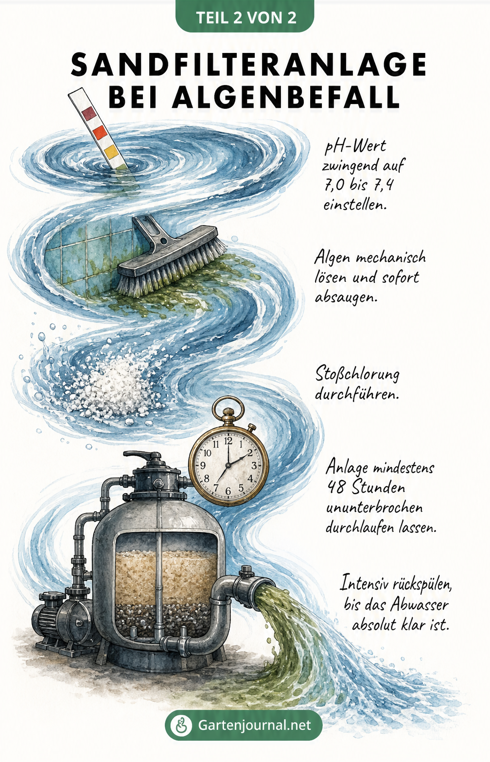 Illustration eines Wasserstrudels mit Schritten zur Algenbekämpfung: pH-Wert einstellen, Algen bürsten, Stoßchlorung und Sandfilteranlage 48 Stunden laufen...