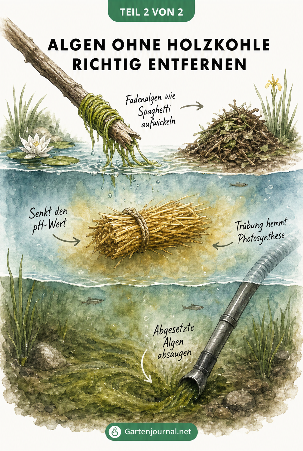 Illustration eines Gartenteichs: Fadenalgen aufwickeln, Gerstenstroh im Wasser und abgesetzte Algen absaugen.