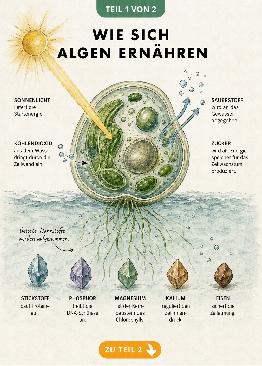 Querschnitt einer Algenzelle, die Sonnenlicht und Kohlendioxid aufnimmt und Sauerstoff sowie Zucker produziert, umgeben von gelösten Nährstoffen im Wasser.
