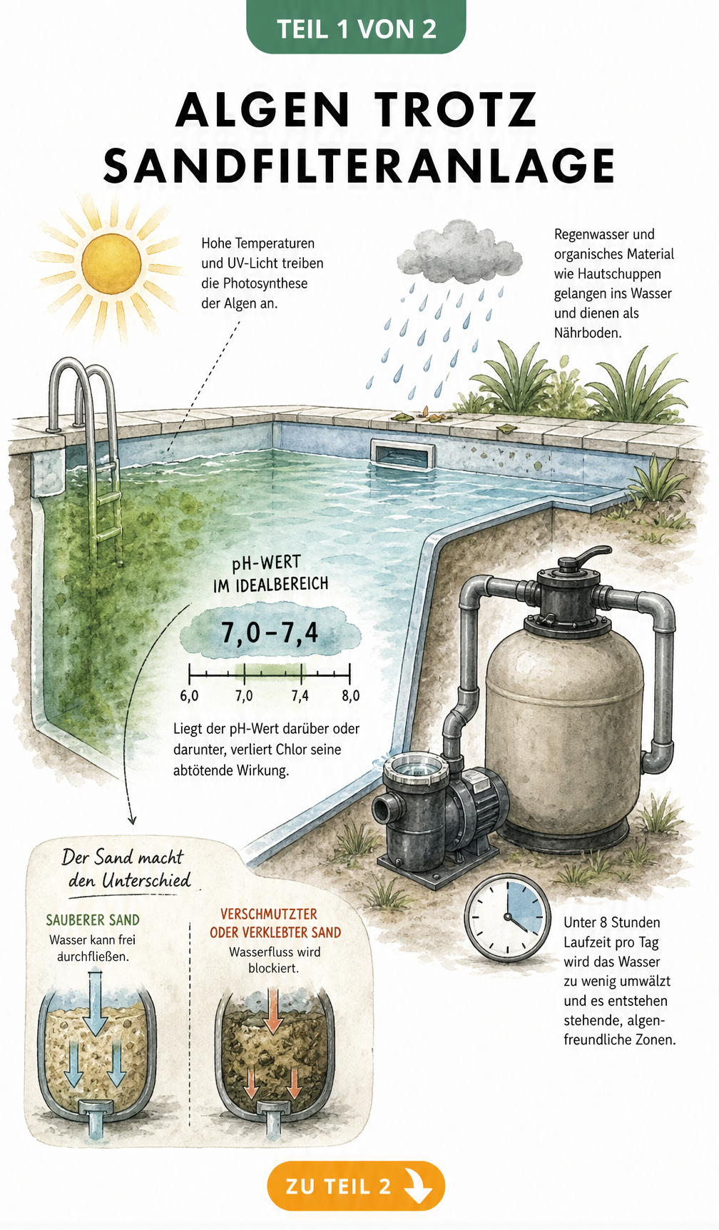 Querschnitt eines Pools mit Sandfilteranlage, der zeigt, wie UV-Licht, Temperatur und pH-Wert das Algenwachstum beeinflussen.