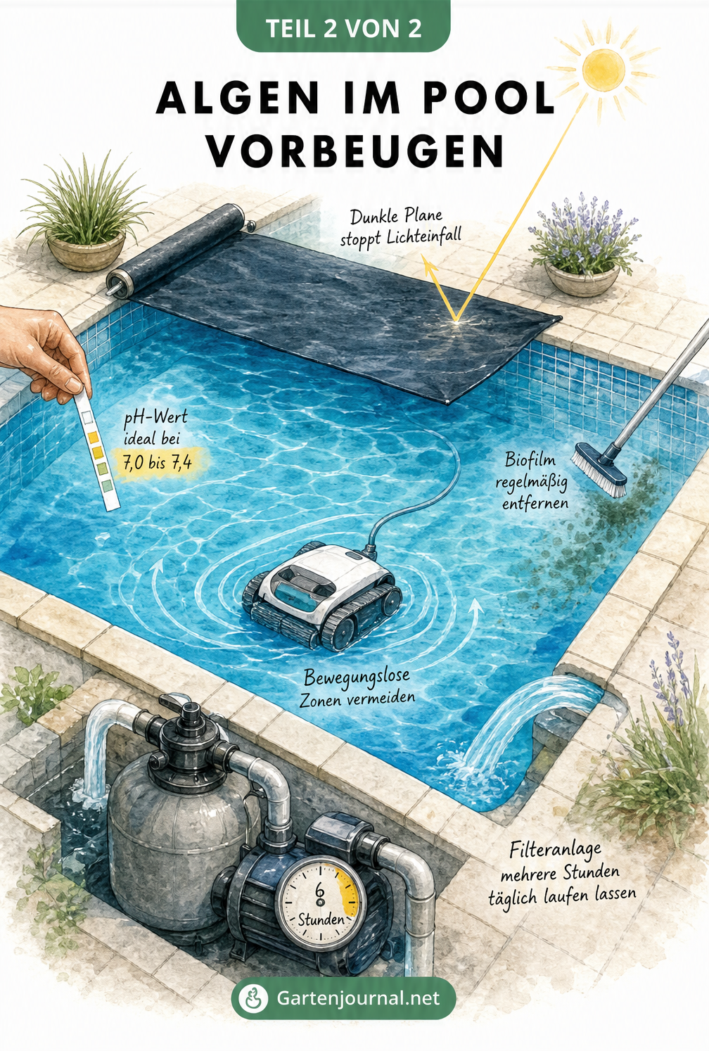 Isometrische Darstellung eines Pools mit Maßnahmen zur Algenvorbeugung: Wassertest, dunkle Abdeckplane, Teleskopbürste und Poolroboter.