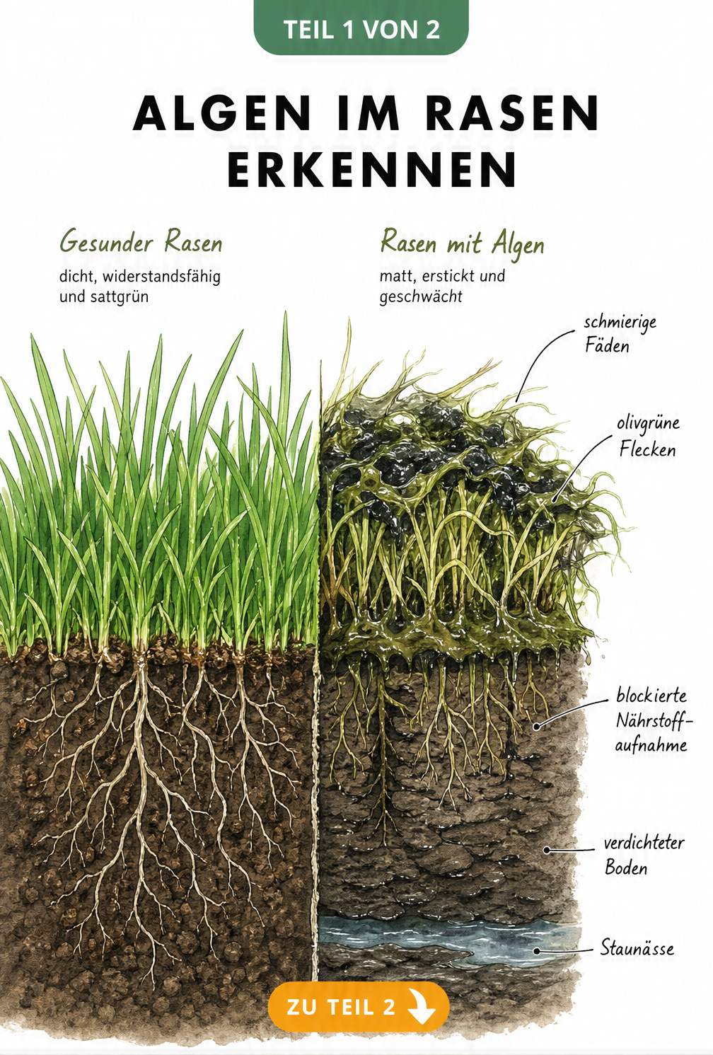 Querschnitt durch einen Rasen: Links gesundes Gras, rechts Algenbefall mit schmierigen Fäden, verdichtetem Boden und Staunässe.