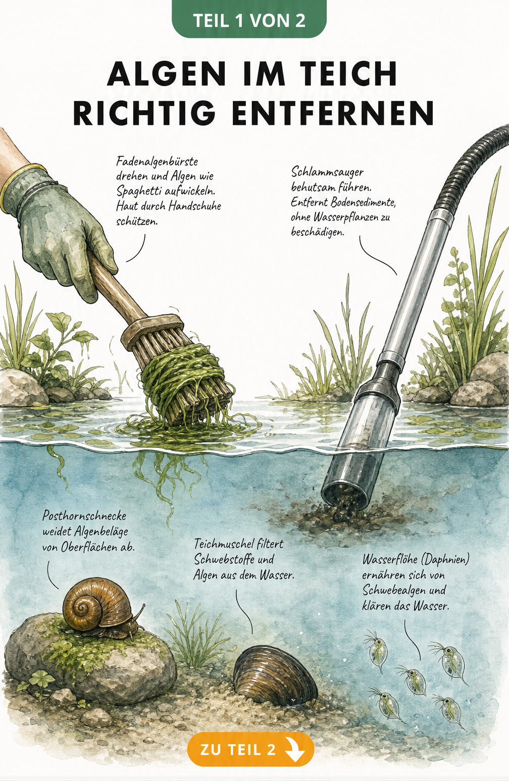 Illustration zur manuellen Algenentfernung im Teich mit Fadenalgenbürste, Schlammsauger und nützlichen Tieren wie Posthornschnecke, Teichmuschel und...