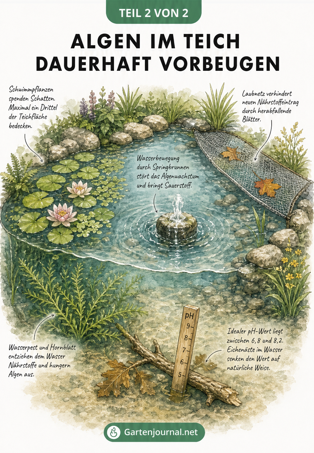 Illustration zur Vorbeugung von Algen im Teich mit Schwimmpflanzen, Wasserpest, Springbrunnen, Laubnetz und Eichenästen zur pH-Wert-Senkung.