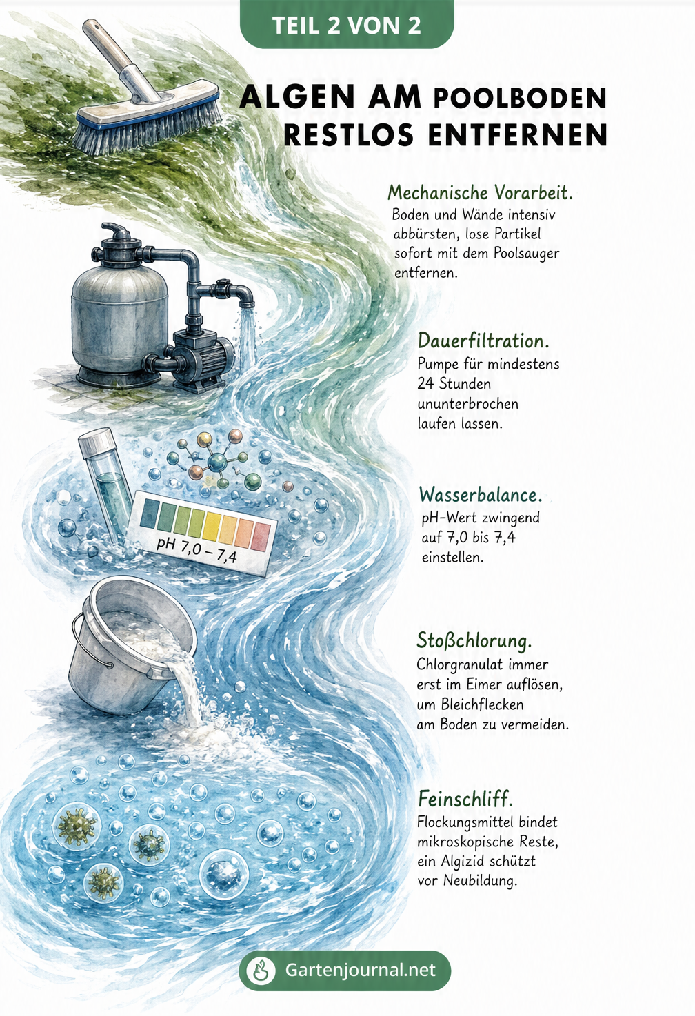 Schritt-für-Schritt-Anleitung zur Algenentfernung im Pool mit mechanischer Reinigung, Dauerfiltration, Wasserbalance, Stoßchlorung und Flockungsmittel