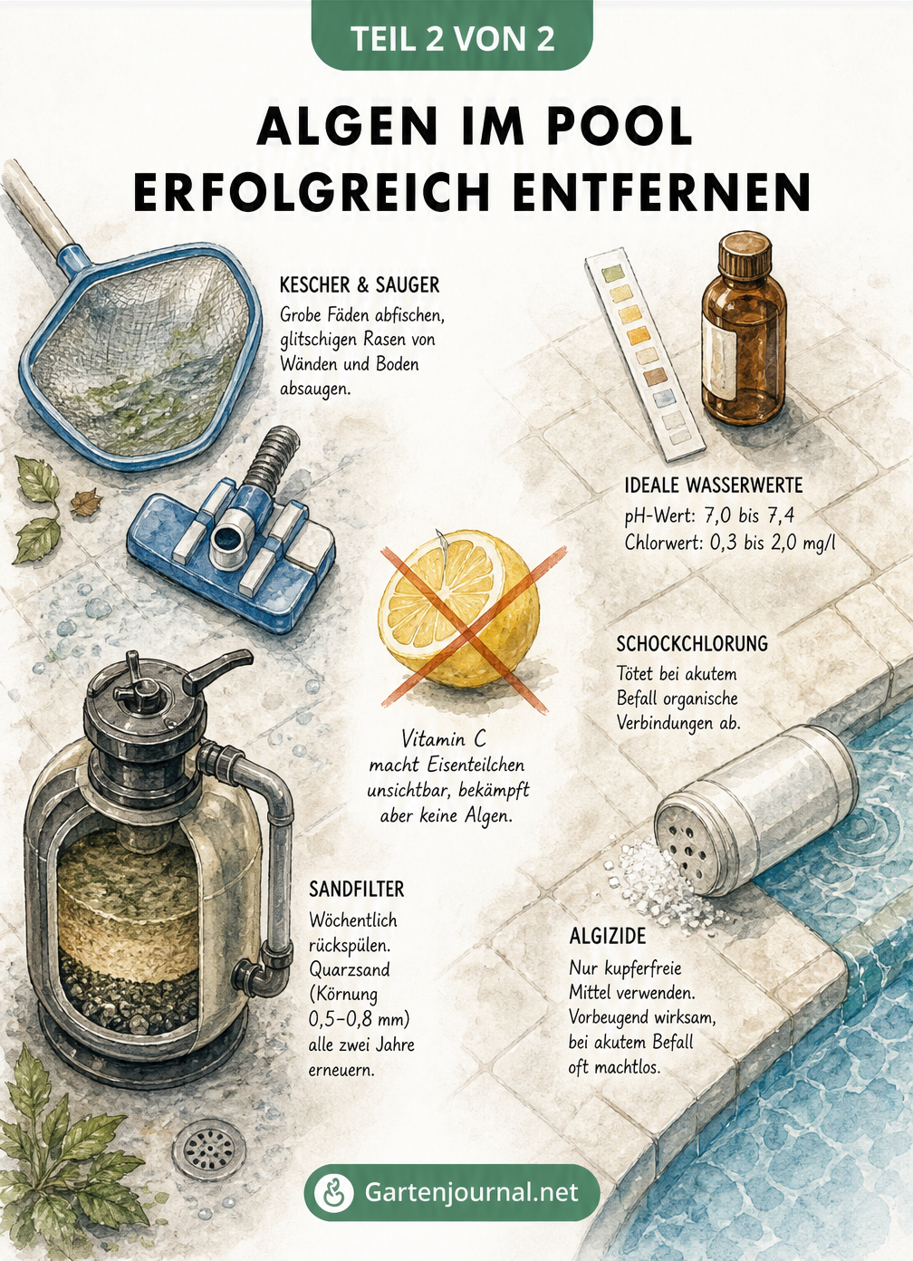 Isometrische Darstellung von Pool-Reinigungszubehör wie Kescher, Bodensauger und Wasserteststreifen