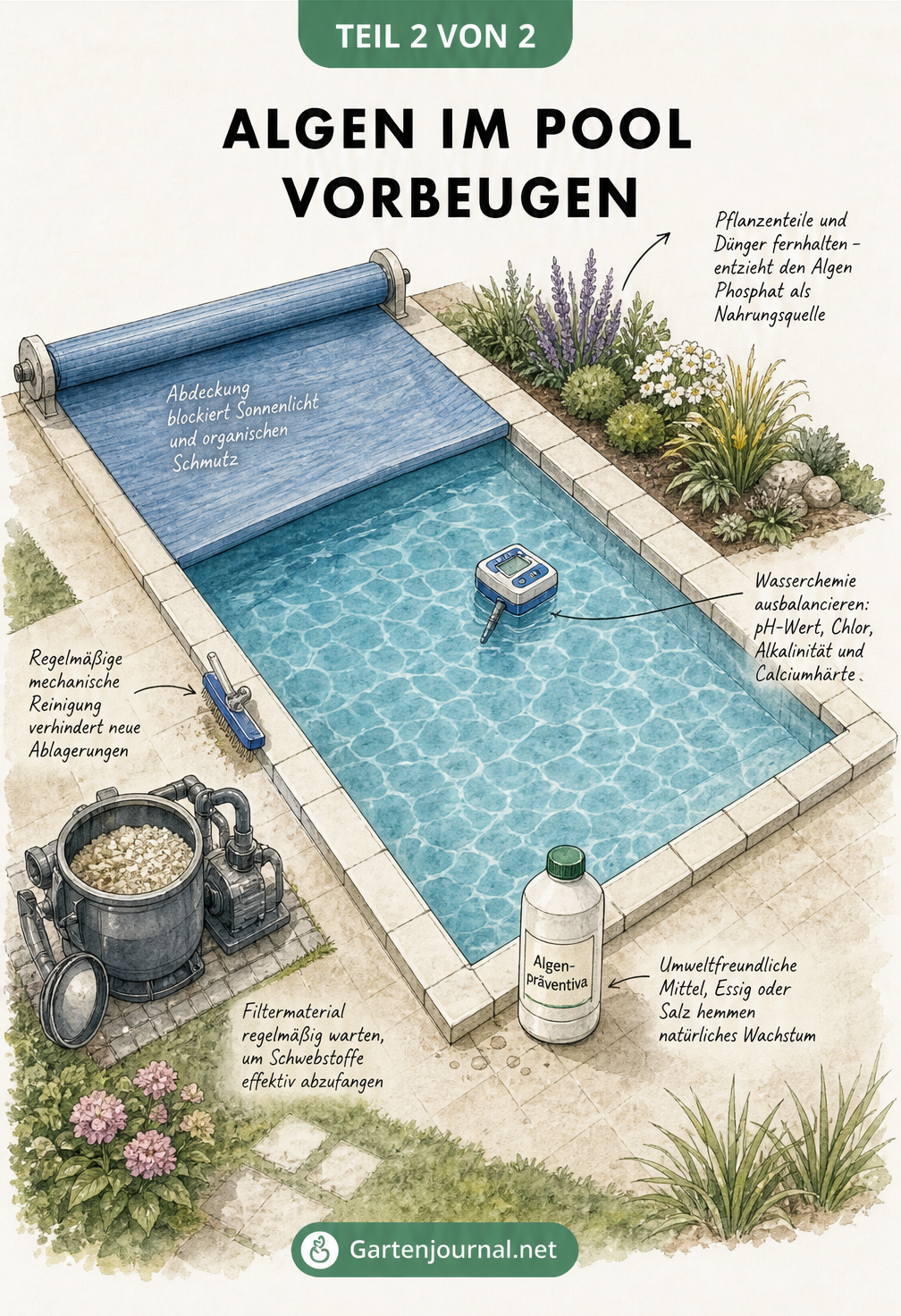 Aufsicht auf einen Pool mit Maßnahmen zur Algenprävention: Poolabdeckung, Wassertester, Pflanzenabstand und Filterwartung.