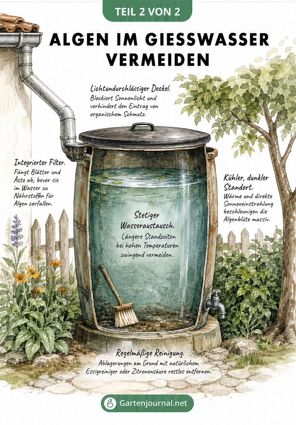 Illustration einer Regentonne im Garten mit Tipps zur Vermeidung von Algen, wie lichtundurchlässiger Deckel und kühler Standort.