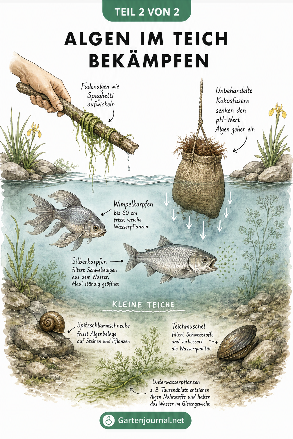 Querschnitt eines Teiches mit natürlichen Methoden zur Algenbekämpfung: Wimpelkarpfen, Silberkarpfen, Schnecken, Muscheln, aufgewickelte Fadenalgen und...