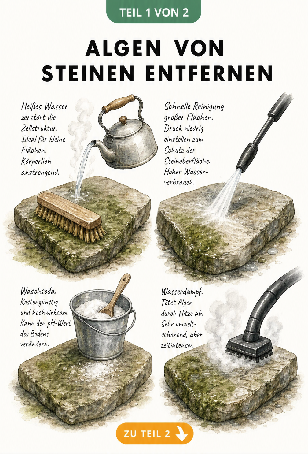 Illustration von vier Methoden zur Algenentfernung auf Steinen: Holzbürste mit heißem Wasser, Hochdruckreiniger, Waschsoda und Dampfreiniger.