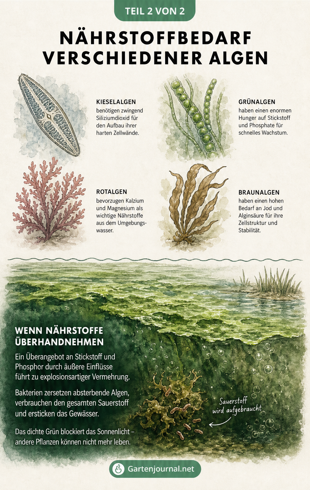 Vier verschiedene Algenarten mit ihrem spezifischen Nährstoffbedarf und eine Darstellung einer Algenblüte durch Nährstoffüberschuss.